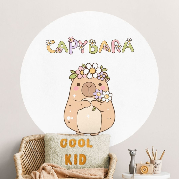 Wandtattoo Süsses Capybara mit Blumenkrone - Rund - WA501307
