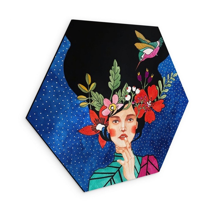 Hexagon Wandbild Frau mit Kolibri in der Sternennacht - Hülya - Alu-Dibond - WA492289