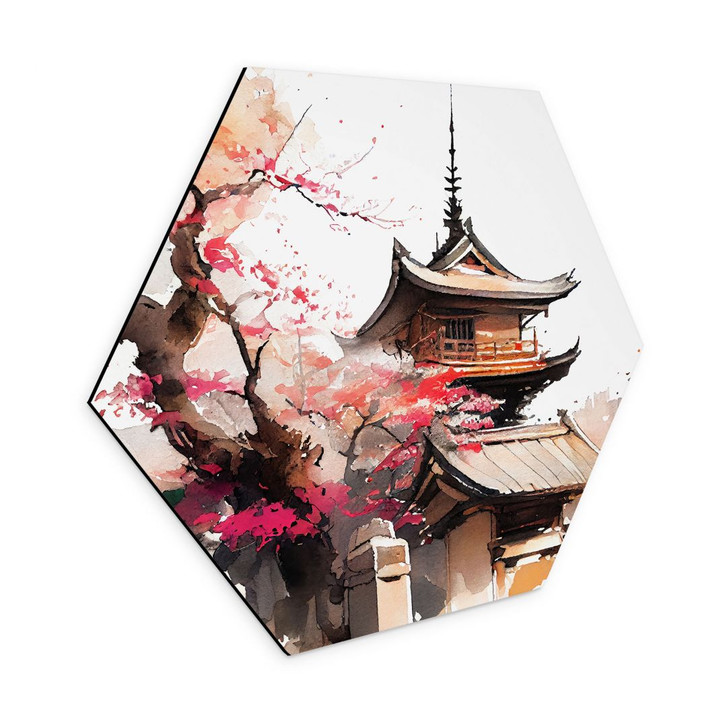 Hexagon Wandbild Japanische Pagode mit Kirschblüten - Jaszke - Alu-Dibond - WA415779