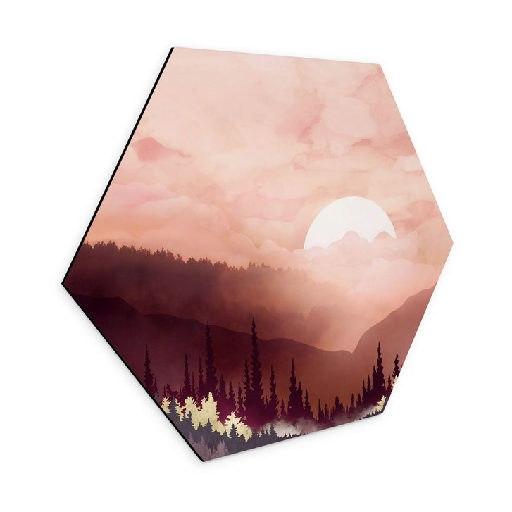 Hexagon Wandbild Rosa Sonnenuntergang über dem Wald - SpaceFrog Designs - Alu-Dibond - WA422670