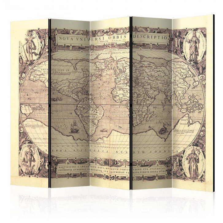 Paravent, Raumteiler freistehend, Trennwand - Weltkarte - Nova Universi Orbis Beschreibung, 5-teilig - 225 x 172 cm