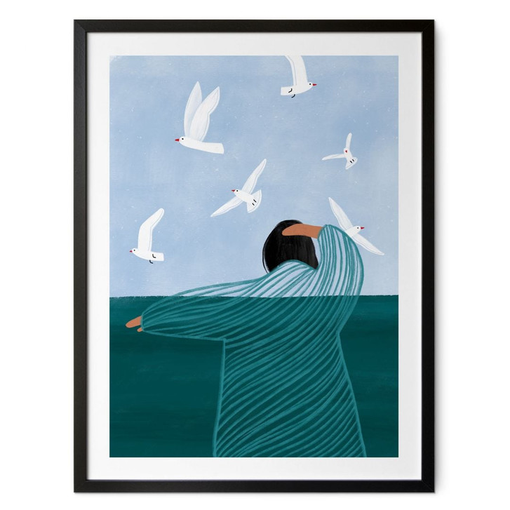Poster Frau mit Möwen am Meer - Müller - WA497948