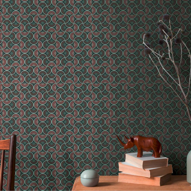 Tapete mit Wellen- und Linienmuster Rot Grün - Retro-Look Grafik-Vliestapete - WA396223