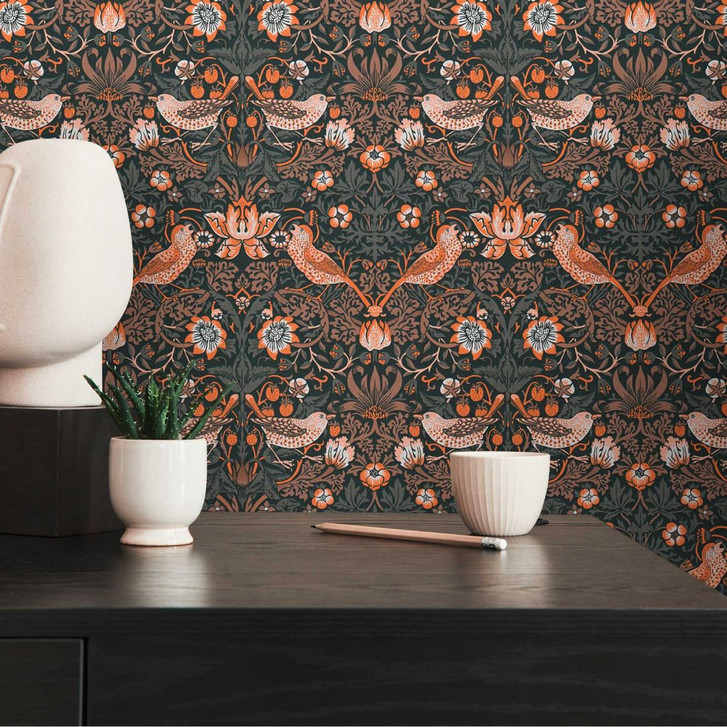 Vliestapete mit Blumen-Muster Orange Schwarz - Tapete mit Vögeln mit Tieren - WA423378