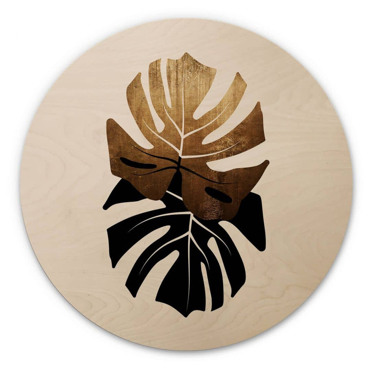 Holzbild Kubistika - Schwarz-goldene Monstera Blätter - Rund - WA326992