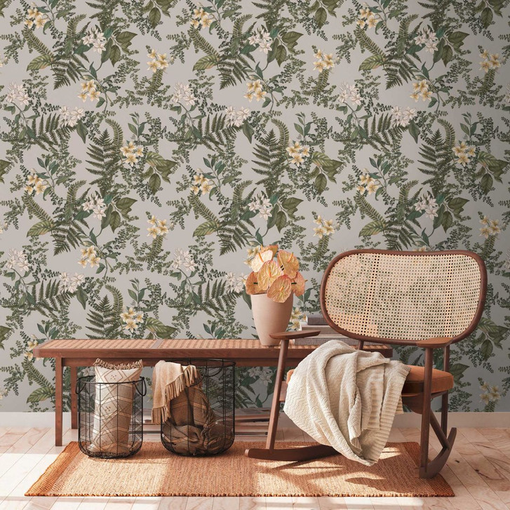 Pflanzen-Tapete mit Blüten Grau Grün - Vliestapete mit Blumen floral - WA415887