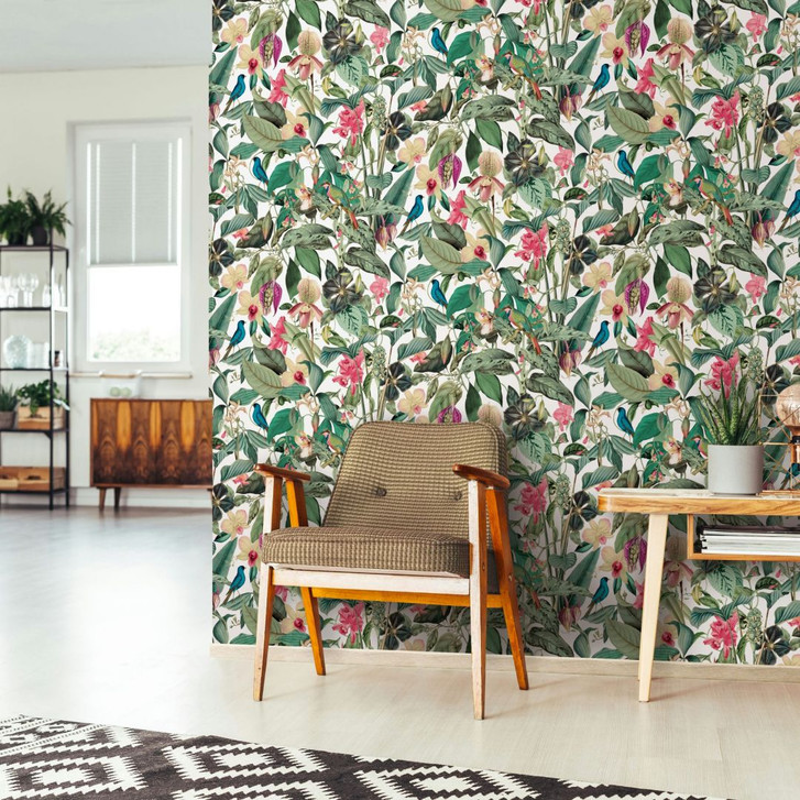 Vliestapete in weiss, grün Blätter Blumen Floral Natur - WA451181