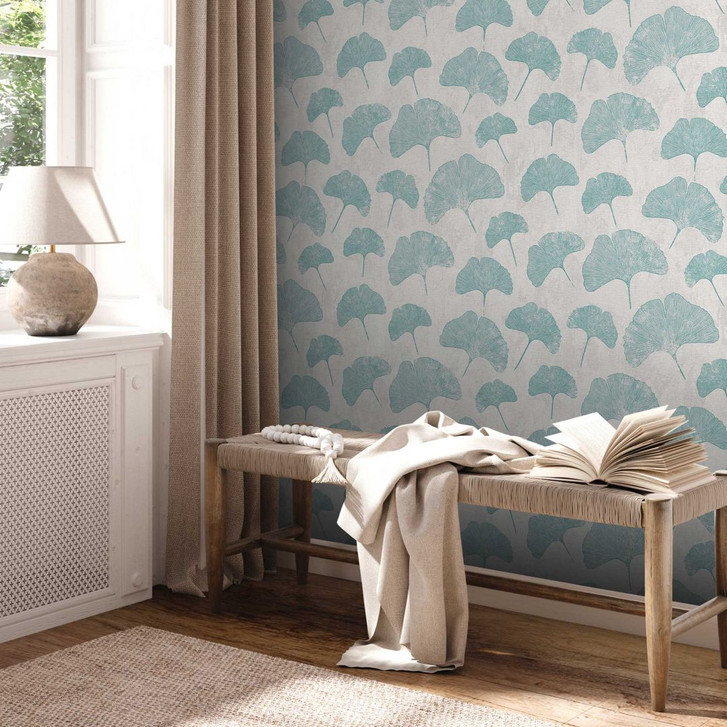 Blättertapete Mint Grau - Florale Vliestapete - Tapete Wohnzimmer Schlafzimmer Küche - WA395995