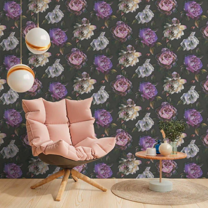 Florale Tapete mit Pfingstrosen Schwarz Lila – Elegante Blumentapete – Vliestapete - WA458752