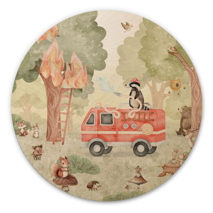Holzbild Tier-Feuerwehr im Wald - Oliver Robins - Rund - WA517289