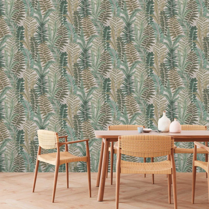 Mustertapete mit Farnblättern Beige Grün Braun - Florale Tapete mit Blättern - WA396644