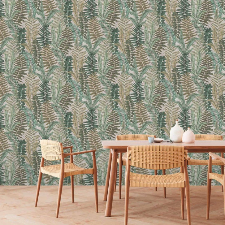 Mustertapete mit Farnblättern Beige Grün Braun - Florale Tapete mit Blättern - WA396645