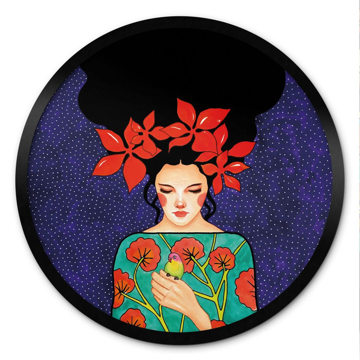 Poster Frau mit roter Blütenkrone und Vogel - Hülya - Rund - WA485959