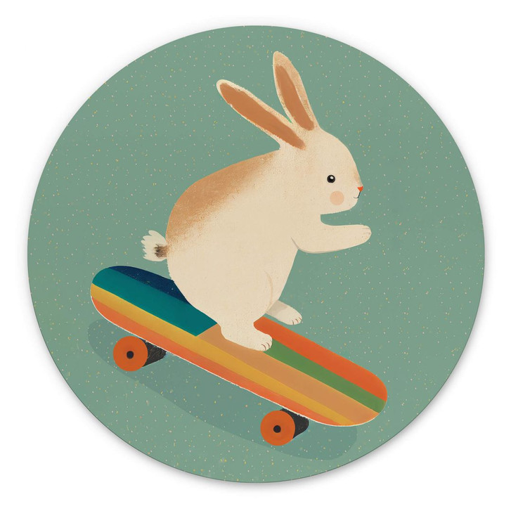 Rundes Wandbild Treechild - Niedlicher Hase auf einem Skateboard - Alu-Dibond - WA381015