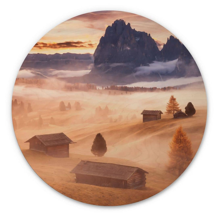 Holzbild Herbstnebel in den Alpen - Selagea - Rund - WA449763