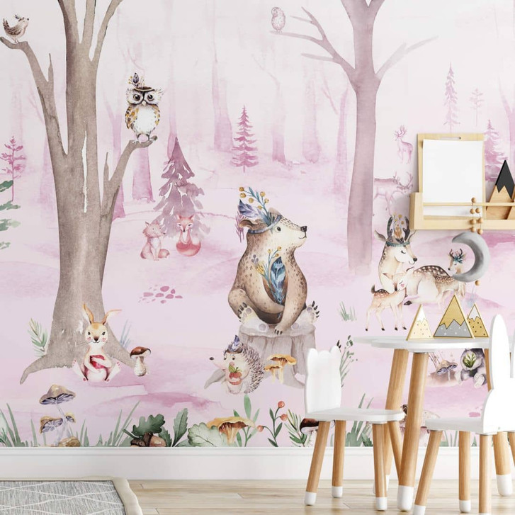 Fototapete Kvilis - Tierfreunde im Wald - Rosa - WA352472