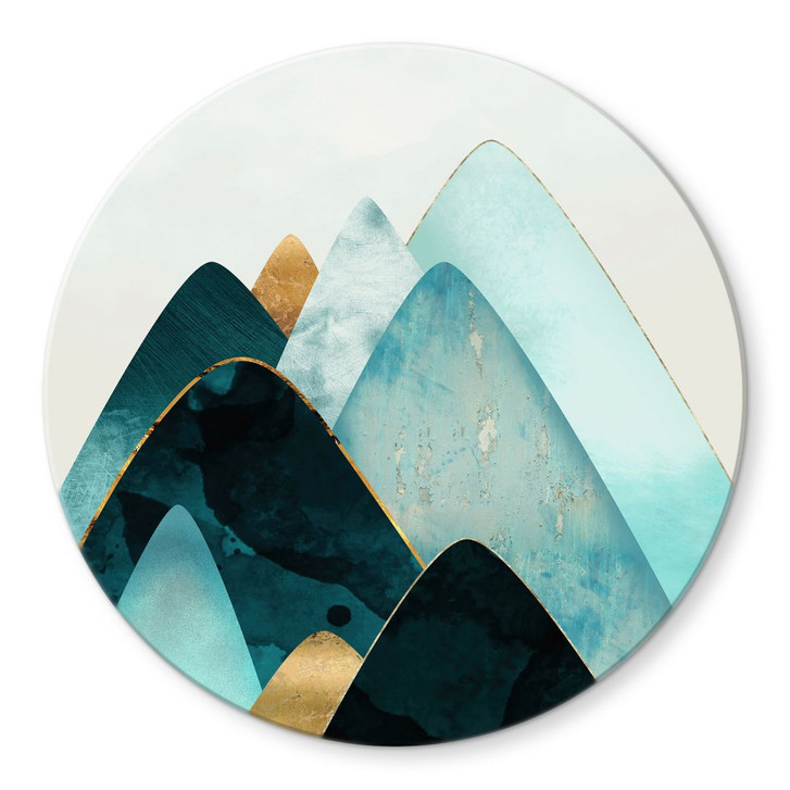 Glasbild Abstrakte Berge in Gold und Blau - SpaceFrog Designs - Rund - WA424855