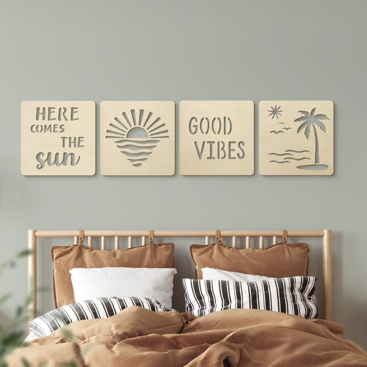 3D Holz-Deko Sonne, Strand und Palmen (4er-Set) - Pappel - WA401933