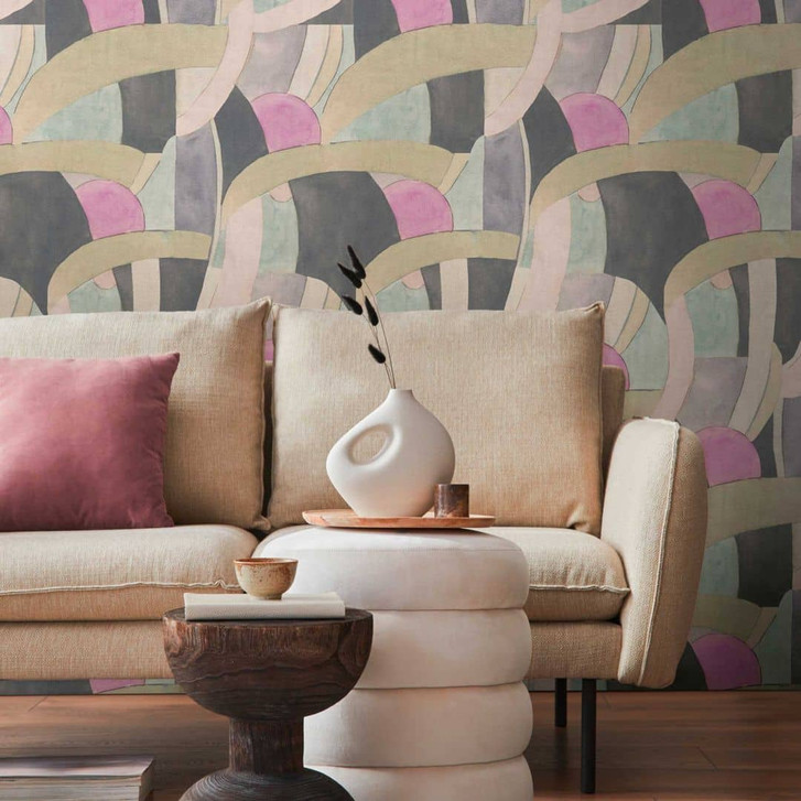 Abstrakte Mustertapete in Rosa Mint Schwarz – Moderne Vliestapete mit Linien - WA465537