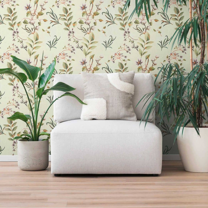 Florale Tapete mit Pflanzen Weiss Grün – Zarte Blüten auf hellem Grund – Vliestapete - WA459124