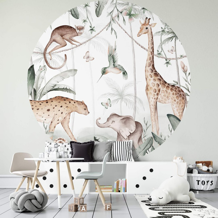 Fototapete fürs Kinderzimmer - Tiere im Dschungel Rund - Kvilis - Selbstklebend/Vlies - WA469956