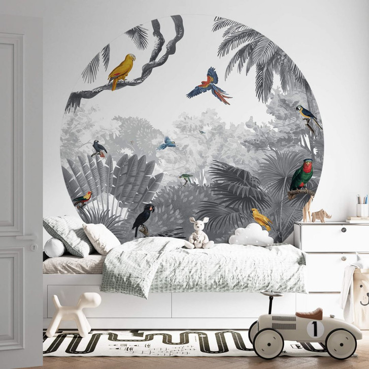 Fototapete Kikki Belle - Tropische Vögel schwarz-weiss - Rund - Selbstklebend/Vlies - WA353413