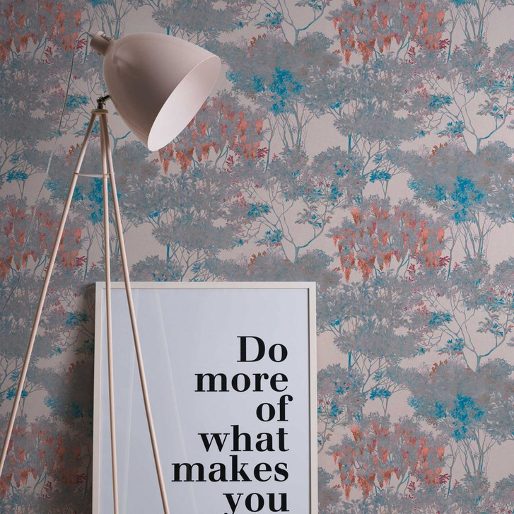 Florale Vliestapete mit Bäumen Beige Grau - Tapete im Aquarell-Look Rot Blau - WA396455