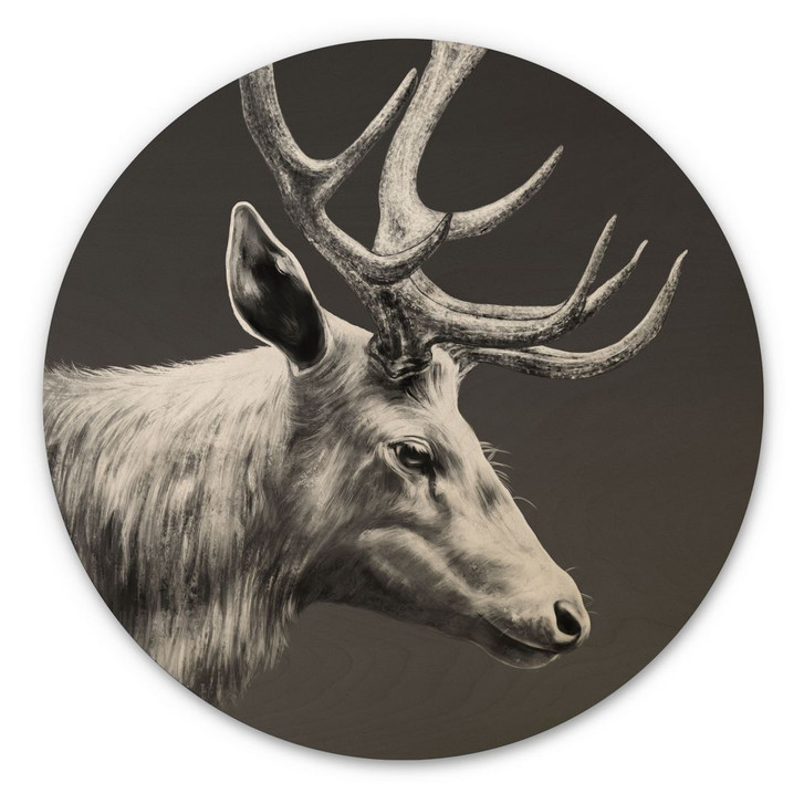 Holzbild Hirsch mit Geweih schwarz-weiss - Roberg - Rund - WA443767