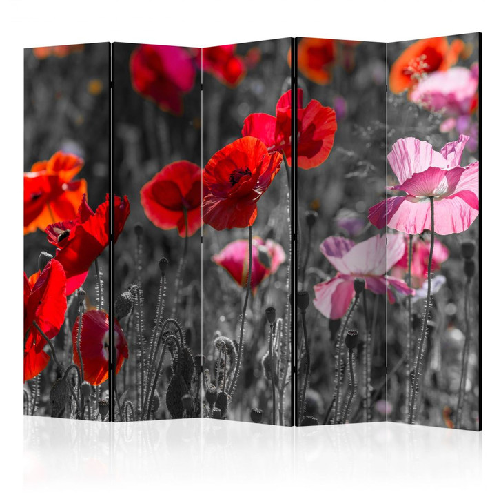 Paravent, Raumteiler freistehend, Trennwand - Rote Mohnblumen, 5-teilig - 225 x 172 cm - WA453801