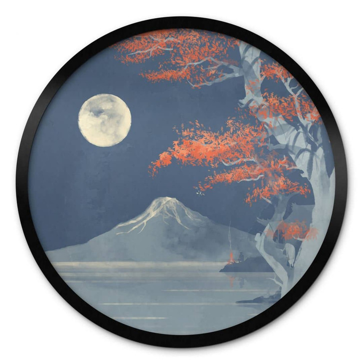 Poster Vintage - Vollmond über dem Gipfel des Fuji-san - Roze - Rund - WA451699