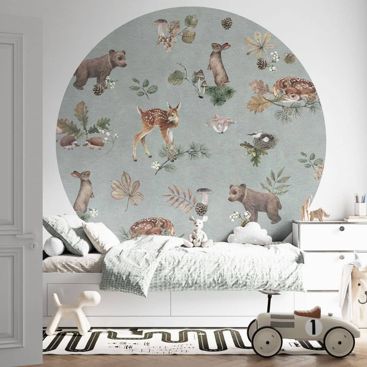 Fototapete Rehkitz und Waldfreunde - Tiere für Kinder - blau - Kikki Belle - Rund - Selbstklebend/Vlies - WA432221