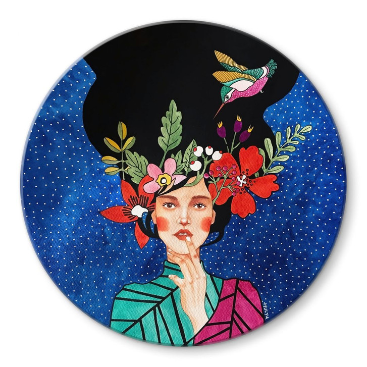 Glasbild Frau mit Kolibri in der Sternennacht - Hülya - Rund - WA495170