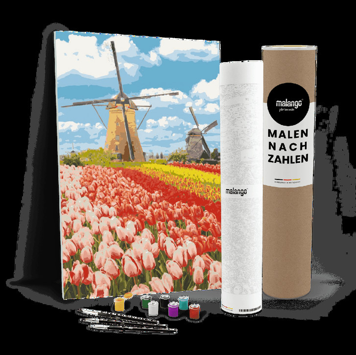Malen nach Zahlen Leinwandbild - Blumen Landschaft an der Mühle - WA446860
