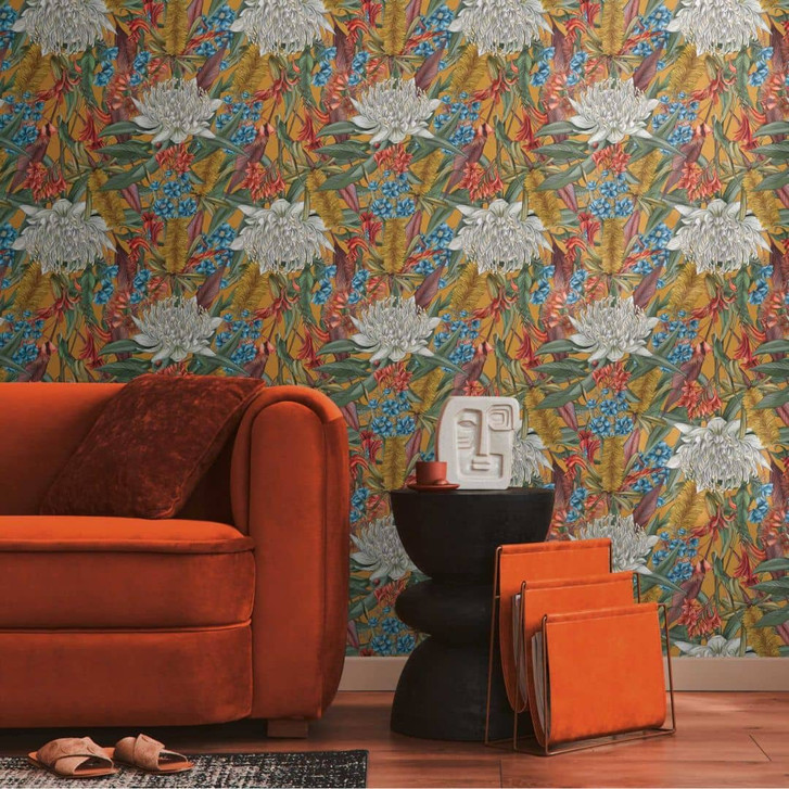 Vliestapete mit Dschungel-Muster Gelb Grün - Tapete mit grossen Blüten bunt - WA415892