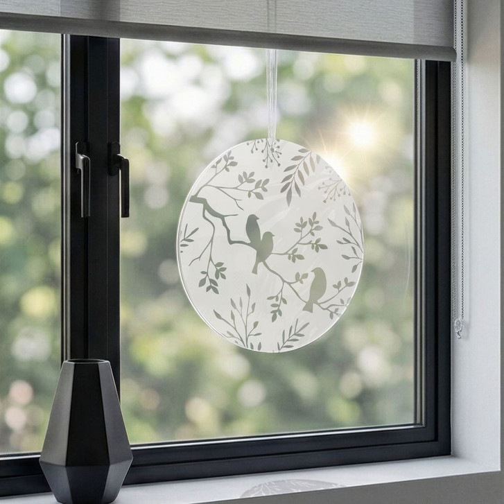 Acrylglasbild, Fensterbild zum Aufhängen Vögel zwischen floralen Zweigen - Rund - WA491349