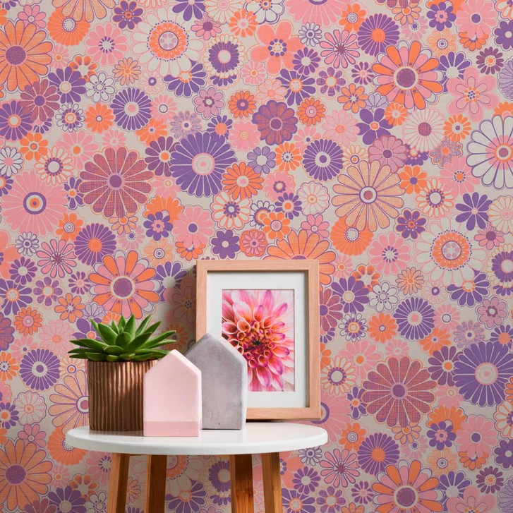 Blumentapete Lila Orange - florale Tapete im Retro-Stil - Vintage Vliestapete - WA396911