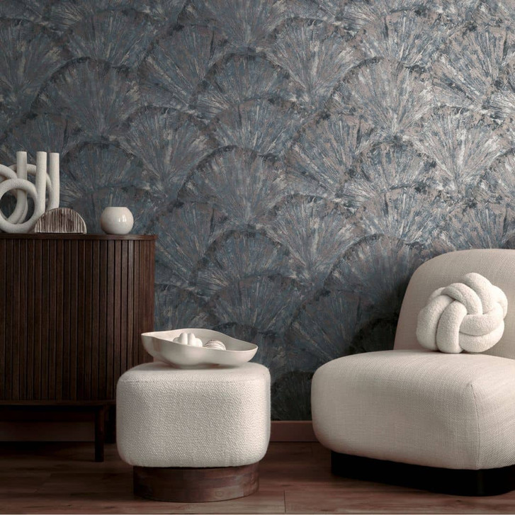 Fächer-Tapete Blau Braun Grau – Strukturierte Vliestapete mit Muster - WA465491