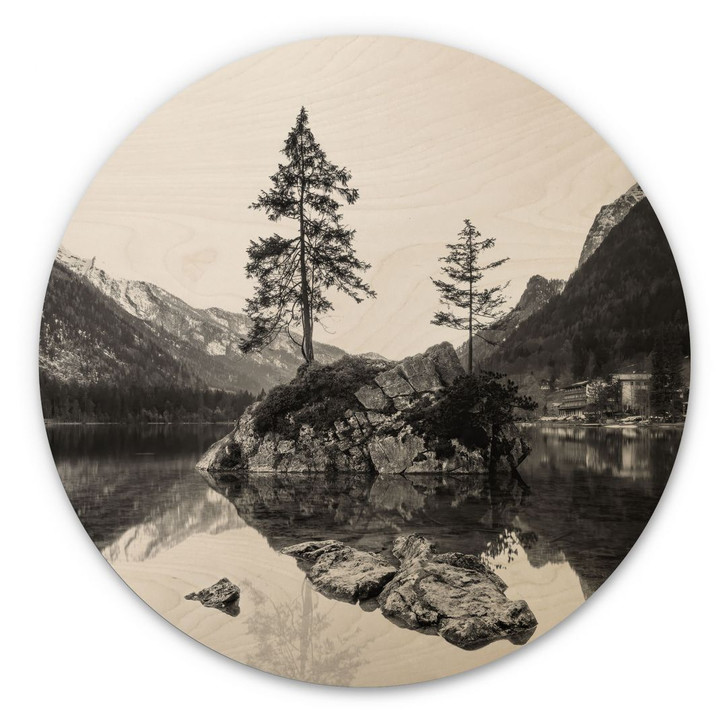 Holzbild Malerische Landschaft mit glasklarem Bergsee - Hintersee - Rund - WA425410