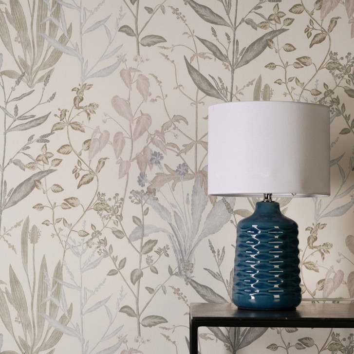 Vliestapete Elodie Maison Botanique creme grün blau - grau Blätter Gräser Kräuter Wohnzimmer - WA506806