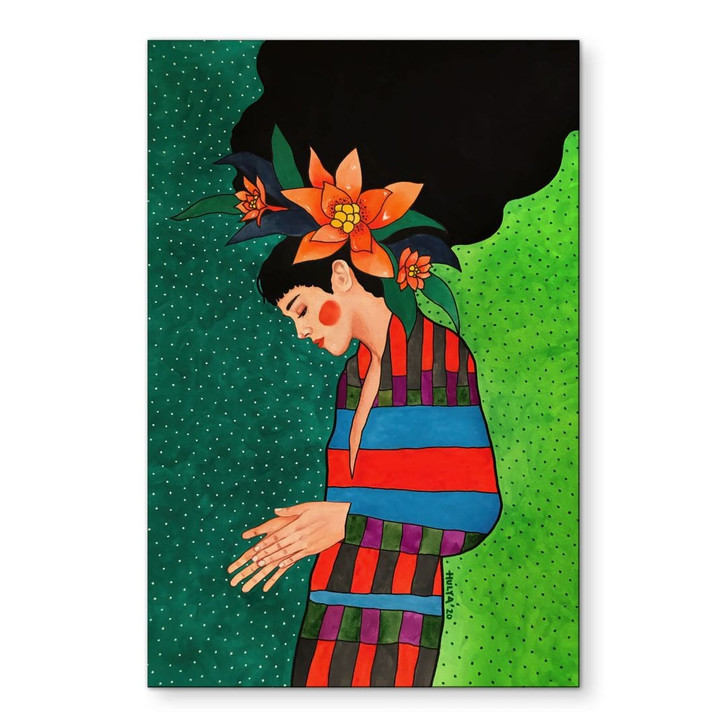 Wandbild Frau im Streifenkleid mit orangen Blüten - Hülya - Alu-Dibond - WA491911