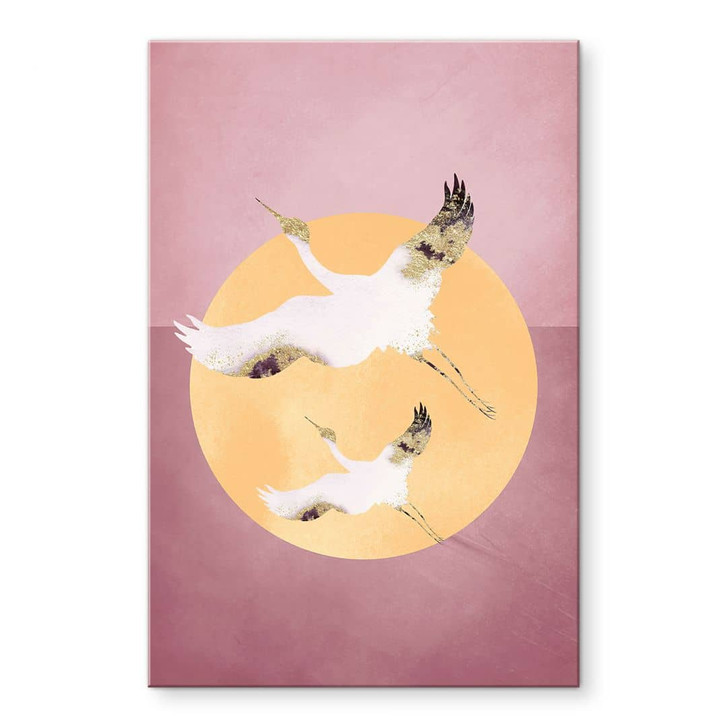 Acrylglasbild Weiss-goldene Kraniche am pinken Himmel - Aureous - WA478984