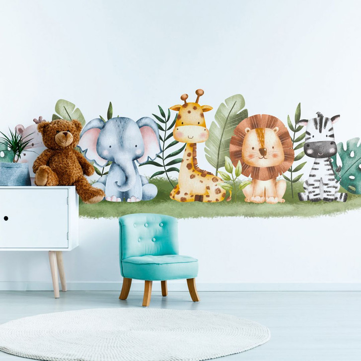 Fototapete Safari Tiere Babyzimmer Grün Weiss 3.75 x 2.50 m - Kindertapete Vlies - WA505002