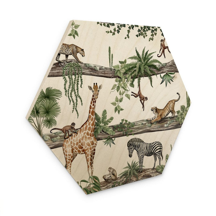 Hexagon Holzbild Afrikanische Tiere im Dschungel - Kikki Belle - WA495446