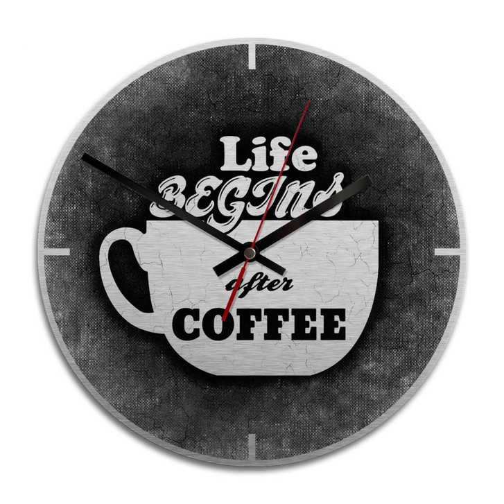 Wanduhr Alu-Dibond-Silbereffekt - Life begins after coffee - Ø 28cm - WA243345