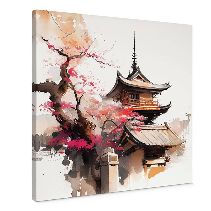 Canvas Leinwandbild Japanische Pagode mit Kirschblüten - Jaszke - Quadratisch - WA417199