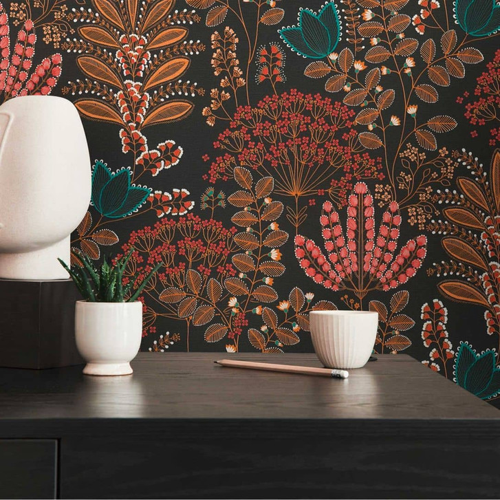 Vliestapete mit Blättern im Retro-Look Schwarz Bunt - Florale Tapete Blumen - WA396666