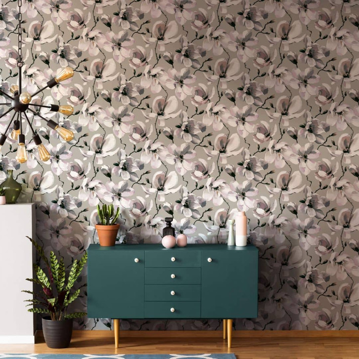 Vliestapete mit Blättern in gemaltem Stil grau, beige Floral - WA445809