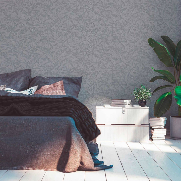 Landhaus-Tapete Creme Grau Blau - Vliestapete Wohnzimmer - Florale Tapete Esszimmer Küche - WA395926