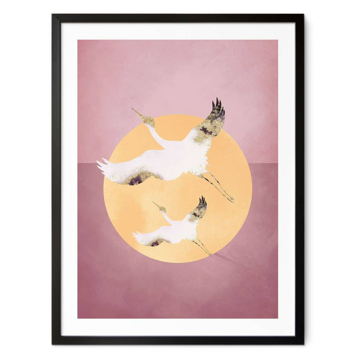 Poster Weiss-goldene Kraniche am pinken Himmel - Aureous - WA406651
