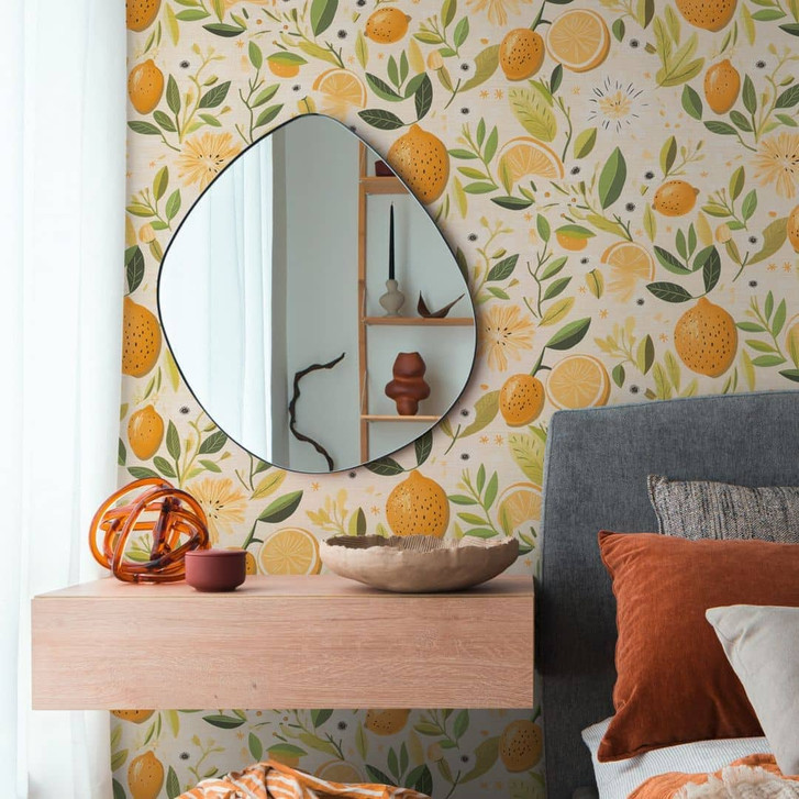 Zitronen-Tapete Beige Gelb Grün - Vliestapete mit Obstmotiv mediterran - WA509573